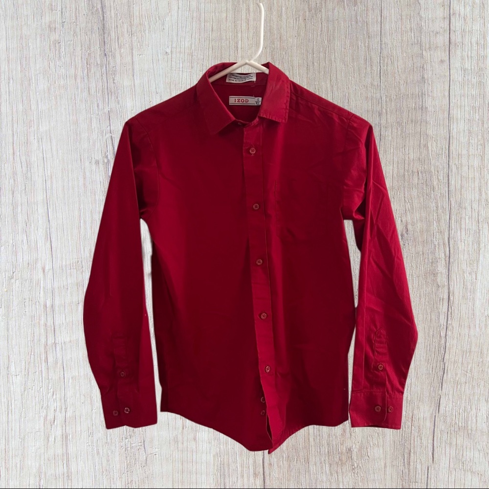 IZOD Boys Size 12 Reg Red Button Up Collared Dress Shirt